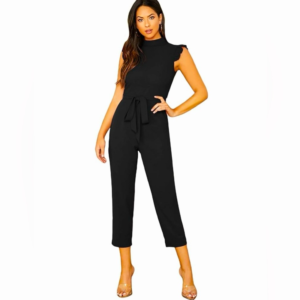 NWT: Black sleeveless mock neck belted with ruffle trim cropped jumpsuit